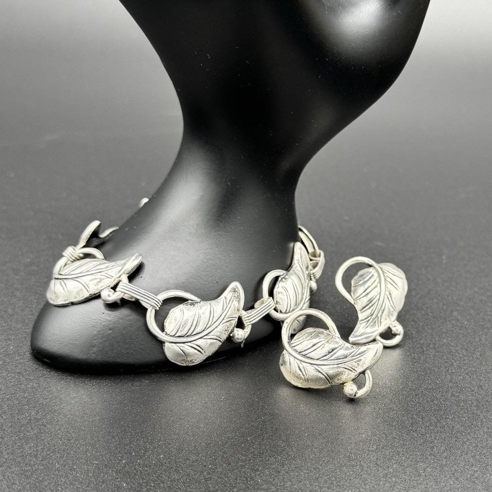Vintage Danecraft Sterling Silver Leaf Link Bracelet Screw Back Earrings Set 925